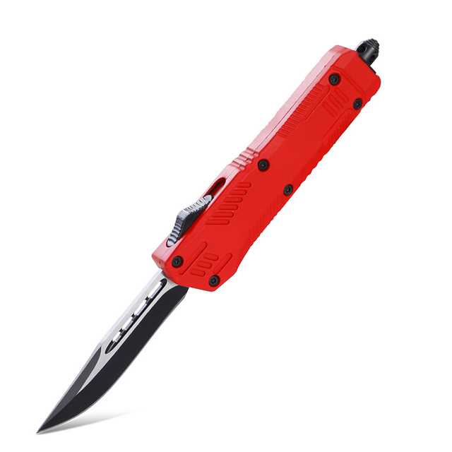 Red OTF Drop Point Blade W/Glass Breaker Single Edge